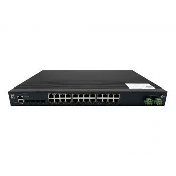 Switch industrial gerido LevelOne 28 portas L2 Plus PoE, 4 x 1/2.5/10GbE SFP+, 24 saídas PoE, 370W, 802.3AF/AT/BT PoE, montagem em rack 19 polegadas, -40°C a 80°C