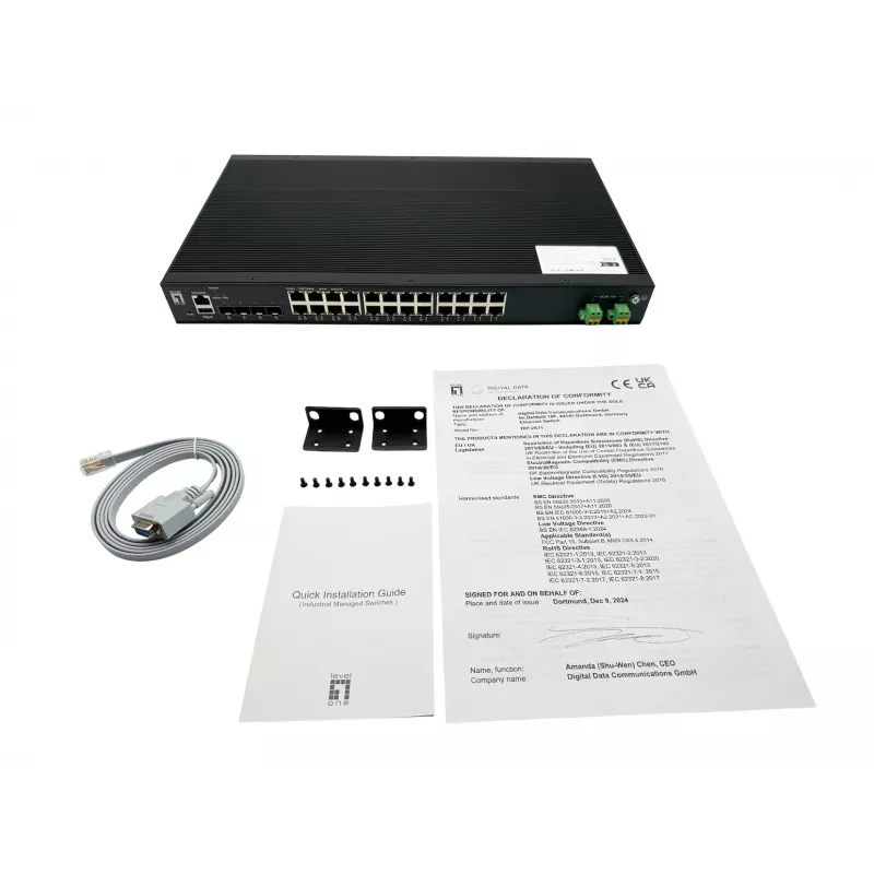 Switch industrial gerido LevelOne 28 portas L2 Plus PoE, 4 x 1/2.5/10GbE SFP+, 24 saídas PoE, 370W, 802.3AF/AT/BT PoE, montagem em rack 19 polegadas, -40°C a 80°C