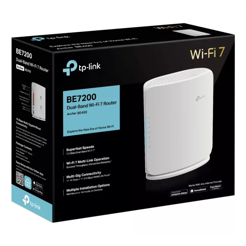 Router Wi-Fi TP‑Link Archer BE450 — Dual‑Band (2,4/5 GHz), Wi‑Fi 7, Multi‑Gigabit Ethernet, 5x LAN, USB, branco