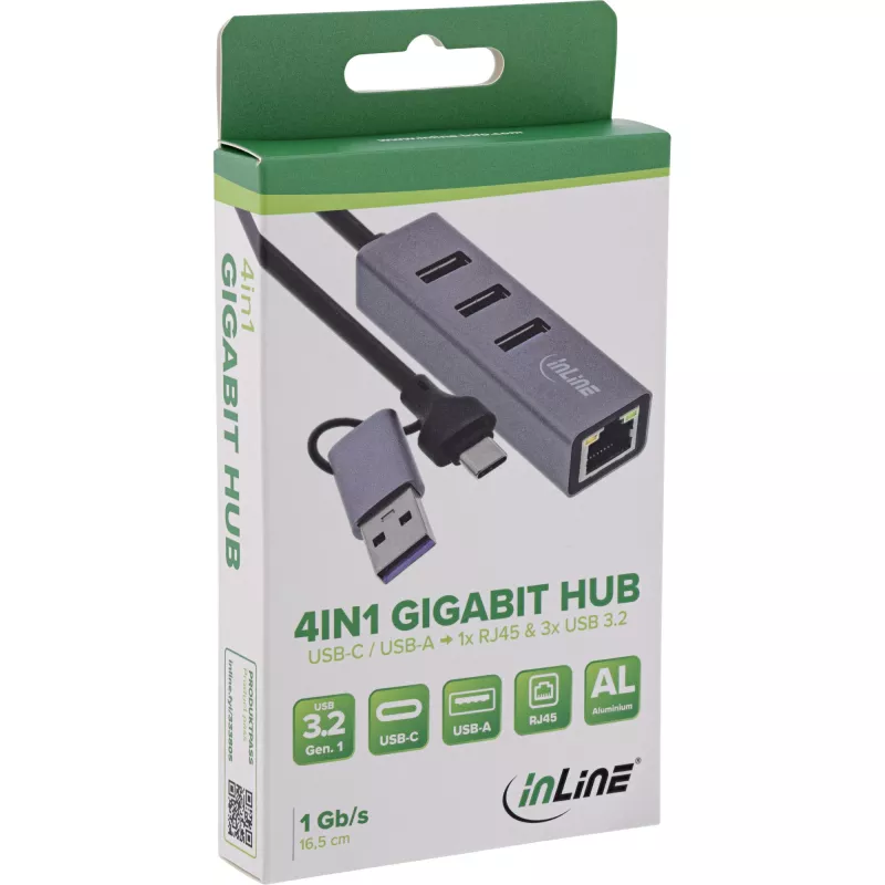 Hub de interfaces InLine 33380S USB 3.2 Gen 1 (3.1 Gen 1) Type-A + Type-C 5000 Mbit/s cinzento