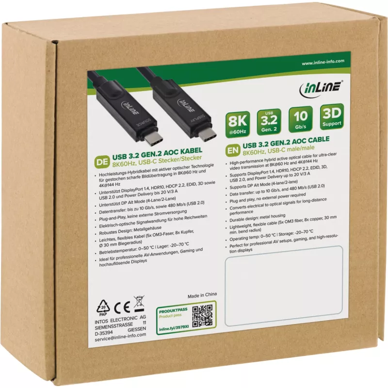 Cabo ótico ativo USB-C para USB-C InLine 35797I — USB 3.2 Gen 2, 8K@60Hz, 60W, 7,5 m