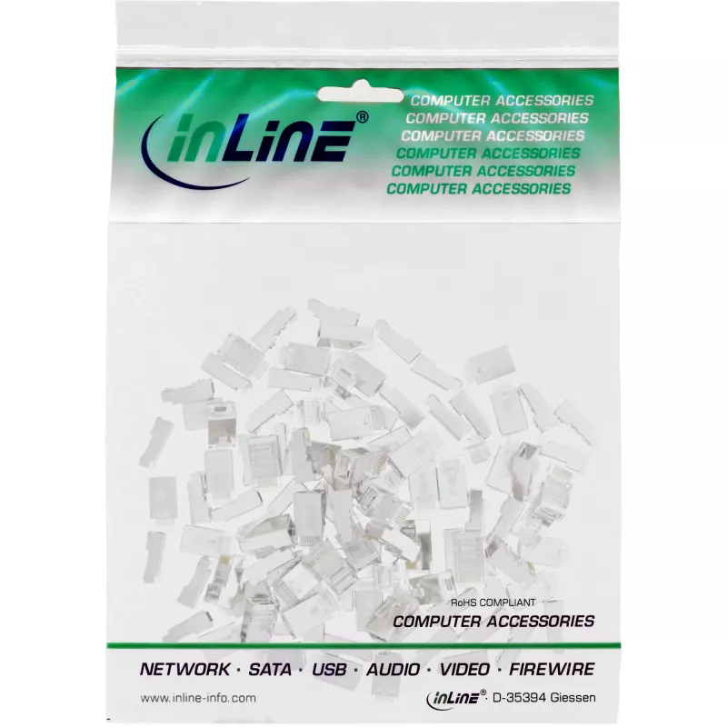 Conectores macho blindados 8P8C RJ45 InLine para cabo redondo, pack de 100 unid.