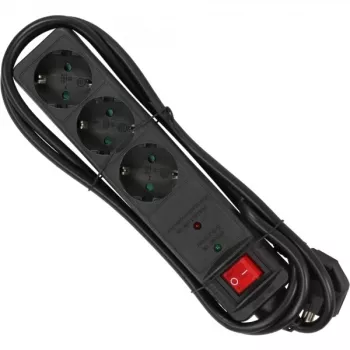 Extensão elétrica InLine CEE 7/3, 3 tomadas, proteção contra sobretensão, interruptor, preto