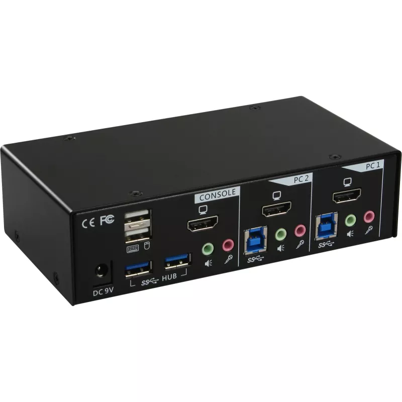 Comutador KVM de secretária InLine, 2 portas, HDMI, hub USB 3.0, com áudio