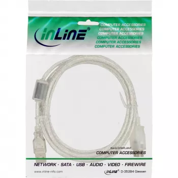 Cabo de extensão USB 2.0 InLine Type-A ficha/conector fêmea, transparente, com ferrite, 5 m