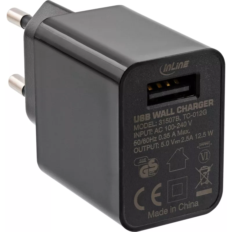 Adaptador de alimentação USB InLine Single, 100-240V para 5V/2,5A, preto