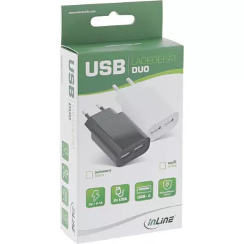 Fonte de alimentação USB InLine DUO, 2 portas 100-240VAC para 5V / 2.1A branco