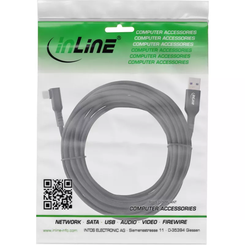 Cabo USB 3.2 Gen.1 InLine, Ficha USB-C Angulada - Ficha USB-A para VR, preto, 5m