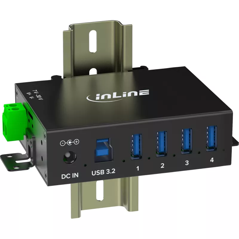 InLine 35396A hub USB 3.2 Gen 1 industrial, 4x USB-A, porta anfitriã USB-B, 5 Gbit/s, caixa de alumínio, preto, com fonte de alimentação