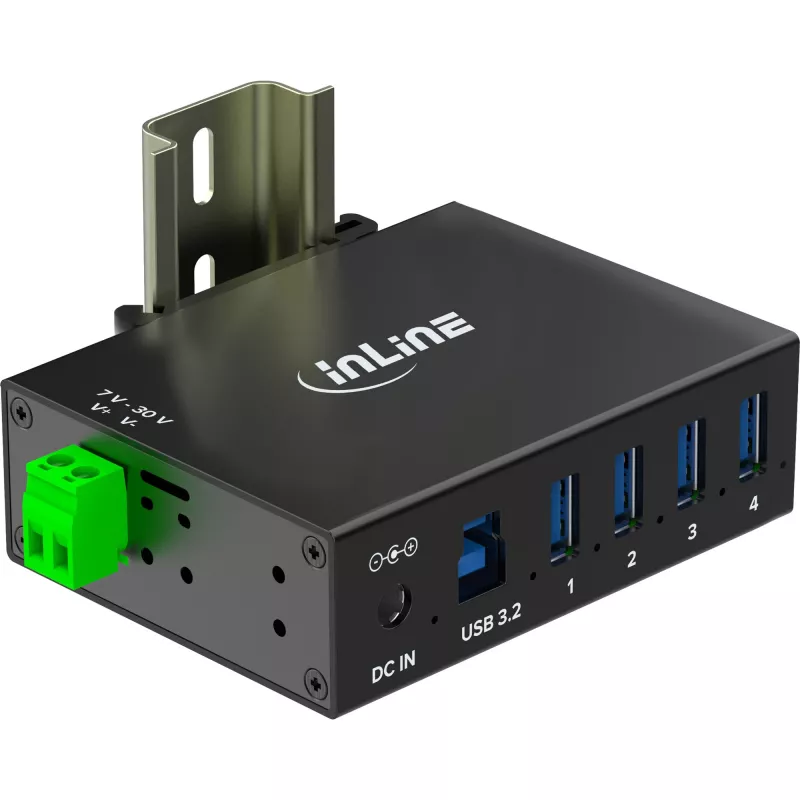 InLine 35396A hub USB 3.2 Gen 1 industrial, 4x USB-A, porta anfitriã USB-B, 5 Gbit/s, caixa de alumínio, preto, com fonte de alimentação