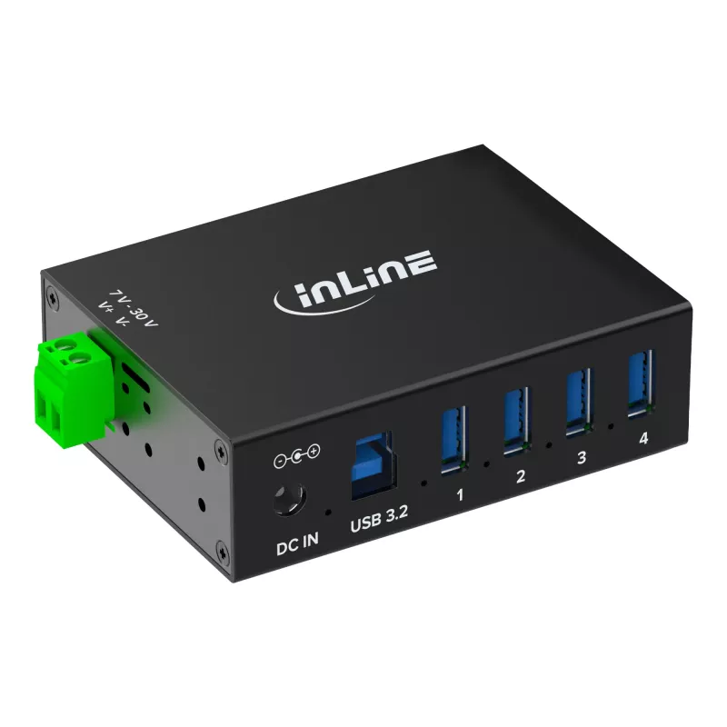 InLine 35396A hub USB 3.2 Gen 1 industrial, 4x USB-A, porta anfitriã USB-B, 5 Gbit/s, caixa de alumínio, preto, com fonte de alimentação