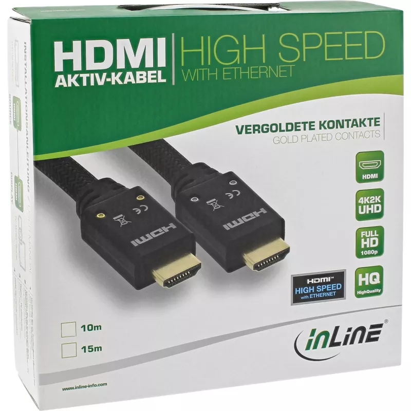 Cabo HDMI ativo InLine, HDMI High Speed com Ethernet, M/M, trança de nylon, 15m