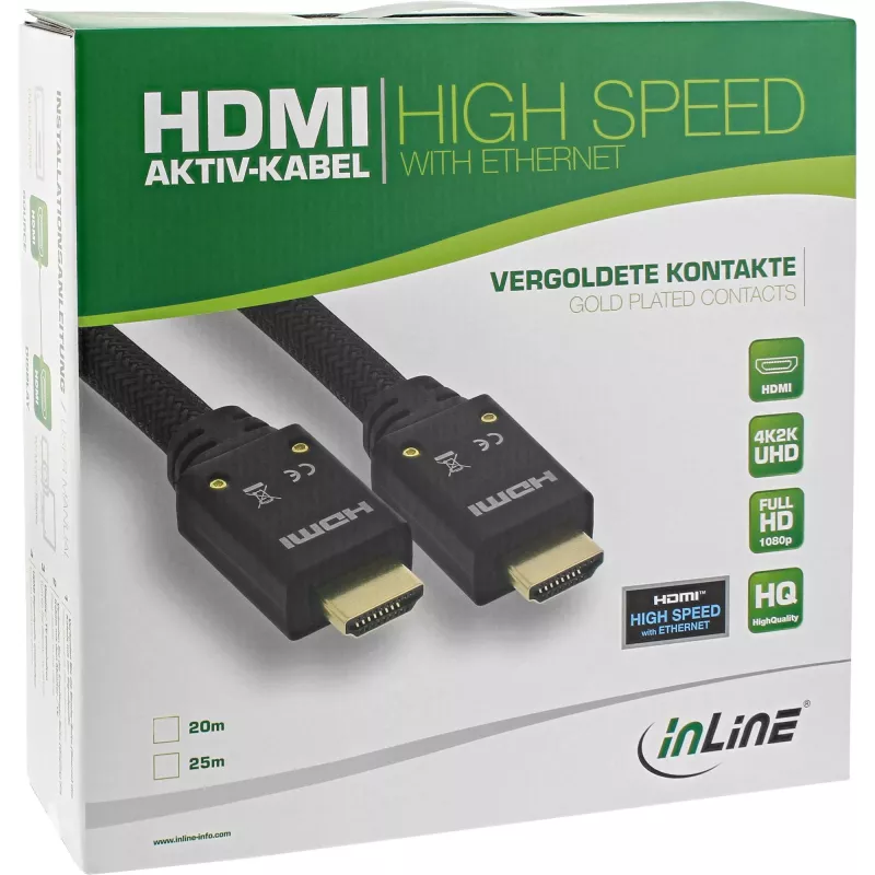 Cabo HDMI ativo InLine, HDMI High Speed com Ethernet, M/M, trança de nylon, 25m