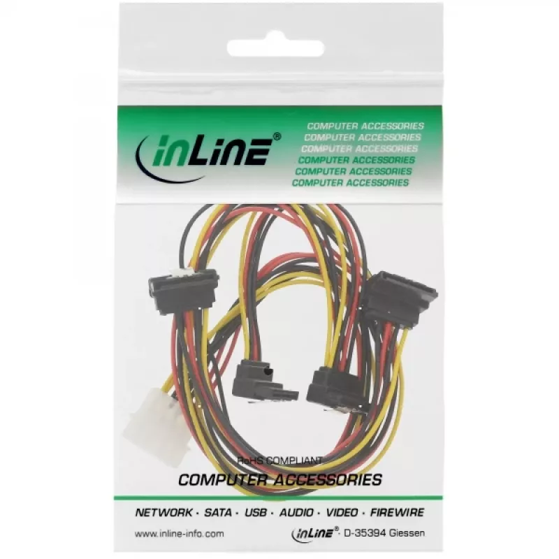 Cabo de alimentação interno em Y InLine 1x Molex / 4x SATA angular com bloqueios 0,40+0,55m