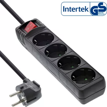 Régua de tomadas InLine, 4 tomadas com contacto de terra CEE 7/3, com interruptor, preto, 3m