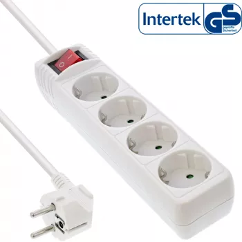 Régua de tomadas InLine, 4 tomadas com contacto de terra CEE 7/3, com interruptor, branco, 5 m