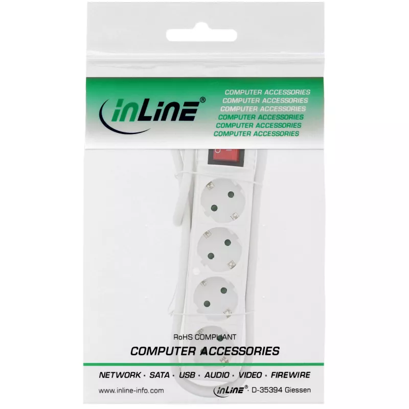 Régua de tomadas InLine, 4 tomadas com contacto de terra CEE 7/3, com interruptor, branco, 5 m