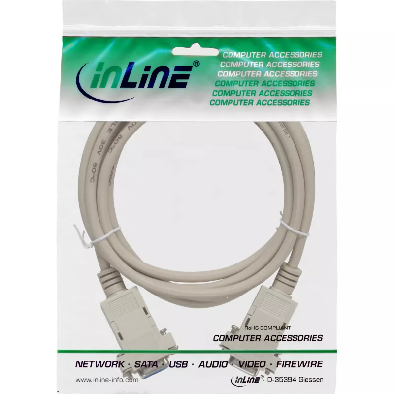 Cabo null modem InLine DB9 conector fêmea / DB9 conector fêmea, montado, cinzento, 10 m