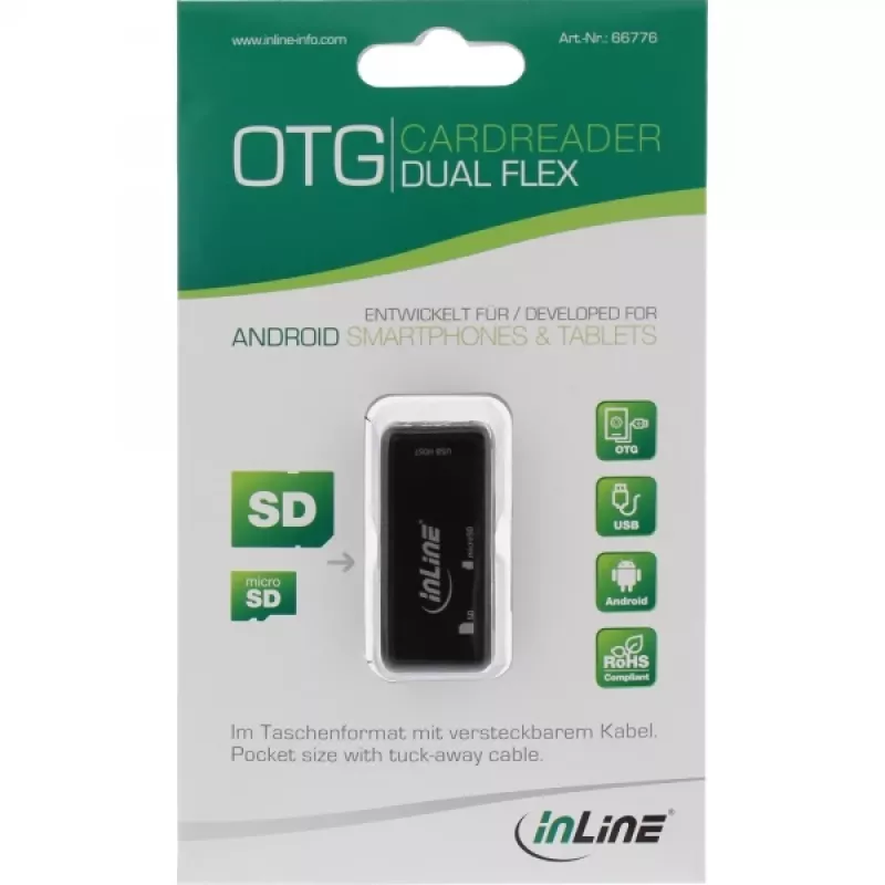 Leitor de cartões OTG InLine Dual Flex para SD, microSD com porta USB e 2 slots para cartões