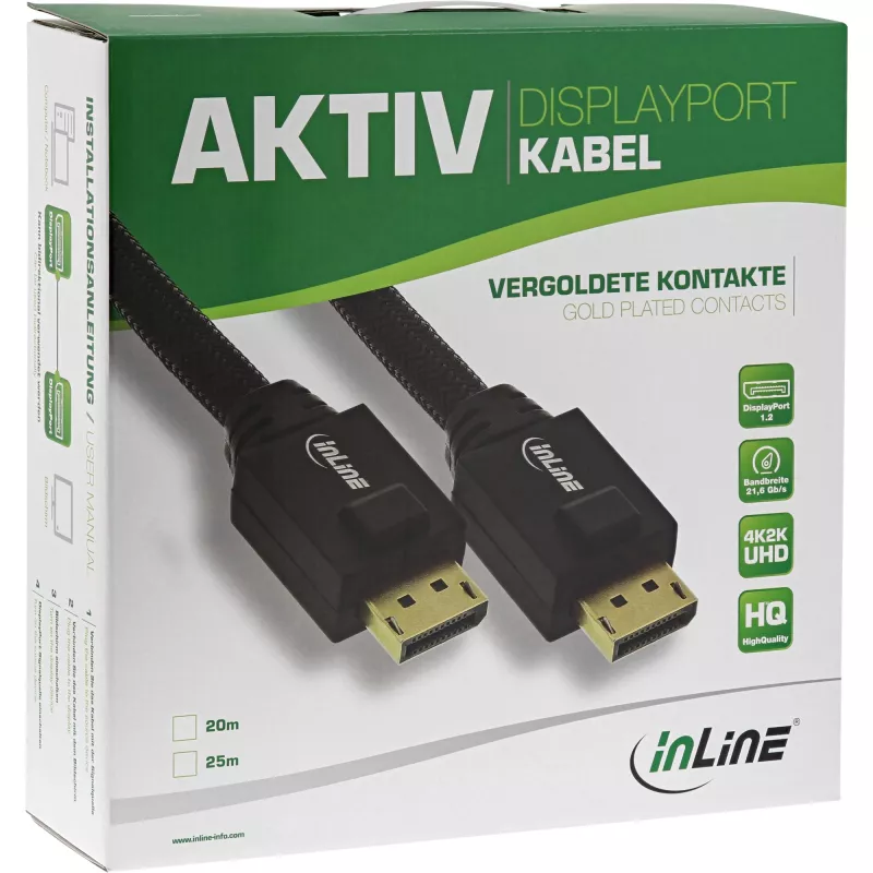 Cabo ativo DisplayPort InLine, preto, contactos dourados, 20 m