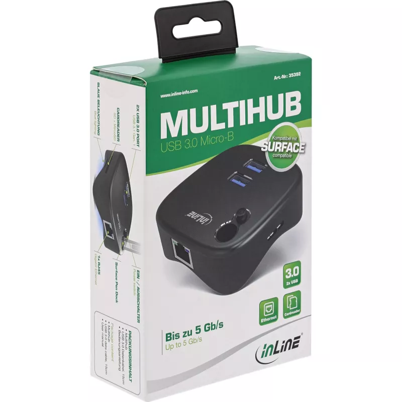 Multiport USB 3.0 InLine, 2x USB-A, RJ45, leitor de cartões SD/MicroSD, preto