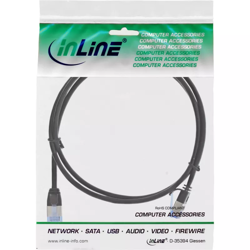 Cabo de rede InLine fino redondo U/FTP Cat.6A RJ-45 1,5 m preto