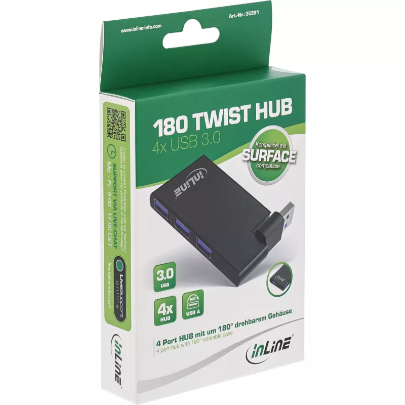 Hub USB 3.0 rotativo InLine, 4 portas, preto