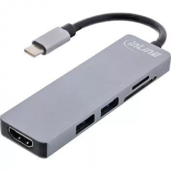 Multihub InLine USB 3.2 Gen.1, 2x USB-A, HDMI 4K/30Hz, leitor de cartões, alumínio, cinzento
