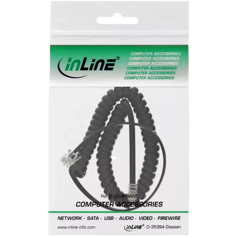 Cabo espiral para telefone InLine, RJ10 4P4C M/M, preto, máx. 4 m