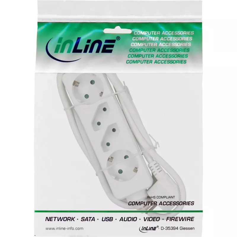Régua de tomadas InLine, 4 tomadas, 2x CEE7/3 + 2x Euro CEE 7/16, branca, 1,5 m