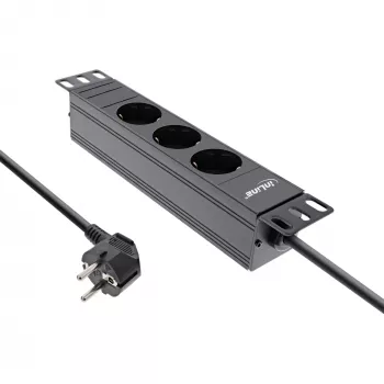 Régua de tomadas 10 polegadas InLine, 3 tomadas Schuko, sem interruptor, 2m, preto