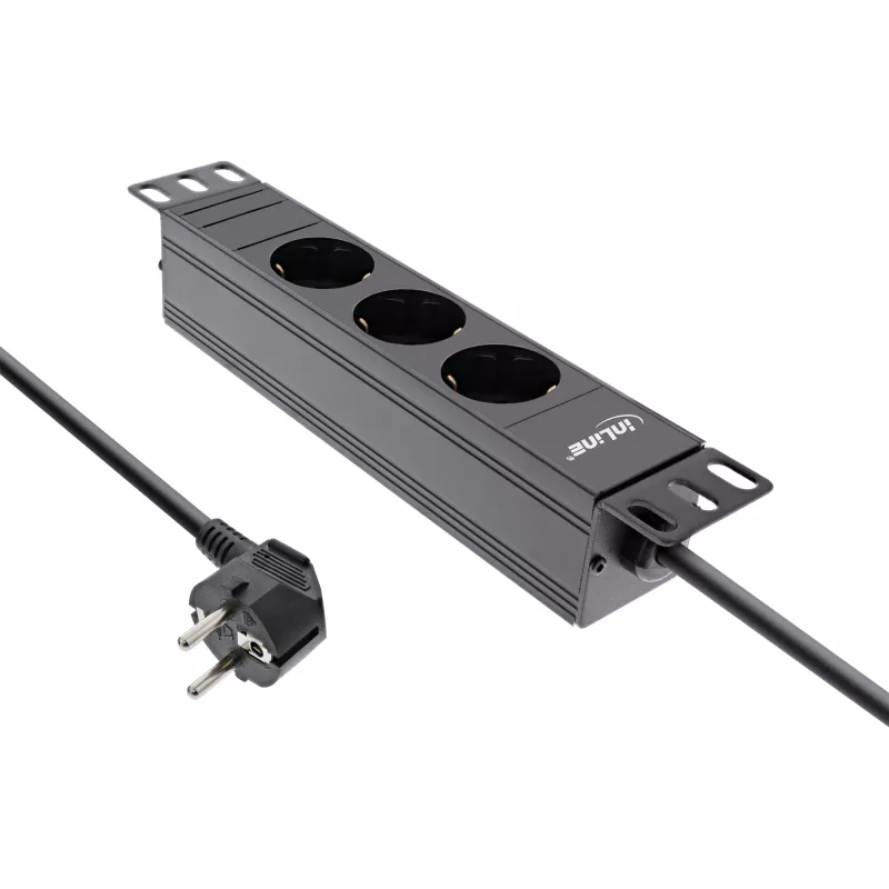 Régua de tomadas 10 polegadas InLine, 3 tomadas Schuko, sem interruptor, 2m, preto