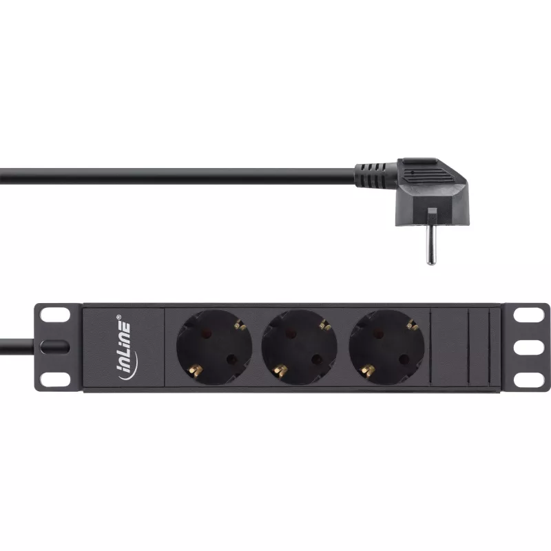 Régua de tomadas 10 polegadas InLine, 3 tomadas Schuko, sem interruptor, 2m, preto