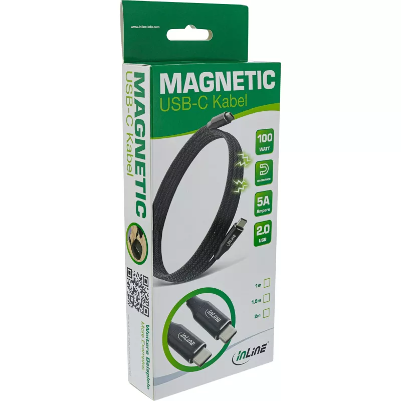 Cabo USB-C magnético InLine, USB-C macho/macho, 100W, preto, 2m