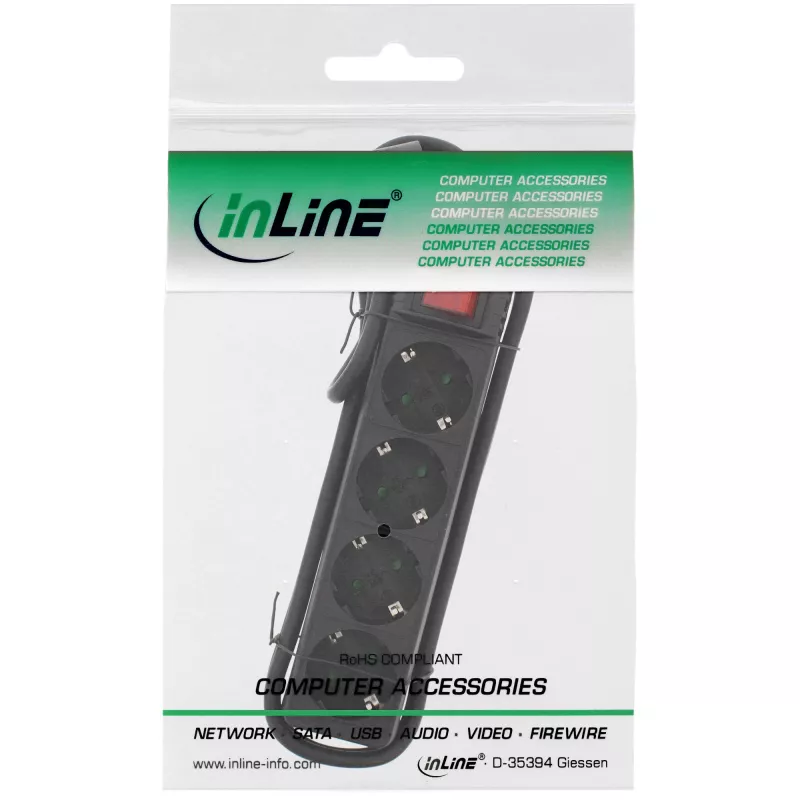 Régua de tomadas InLine, 4 tomadas, 2x CEE7/3 + 2x Euro CEE 7/16, preto, 1,5m
