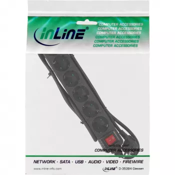Régua de tomadas InLine, 6 tomadas Schuko CEE 7/3, preta, 3 m