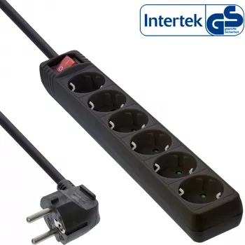 Régua de tomadas InLine, 6 tomadas Schuko CEE 7/3, preta, 5 m