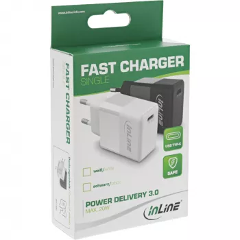 Carregador USB PD InLine USB-C único, Power Delivery, 20W, branco