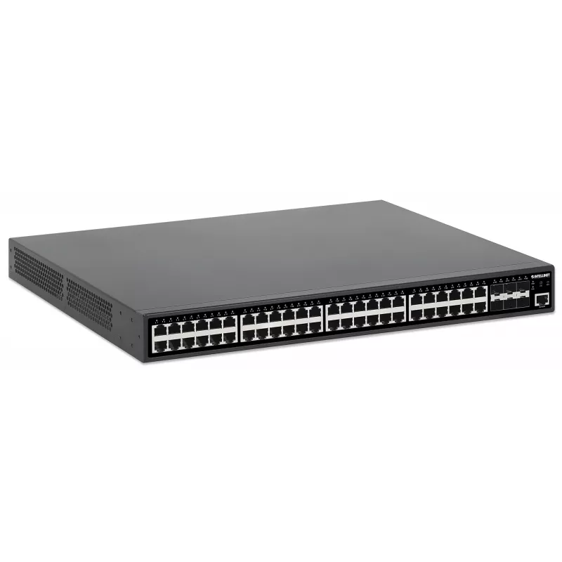 Switch gerido Intellinet 48 portas Gigabit Ethernet PoE+ Layer 2+ com seis uplinks 10G SFP+ compatível com IEEE 802.3at/af (PoE+/PoE), orçamento PoE de 450 W, Layer 2+/Layer 3 Lite, 6 x 10G SFP+ abertos