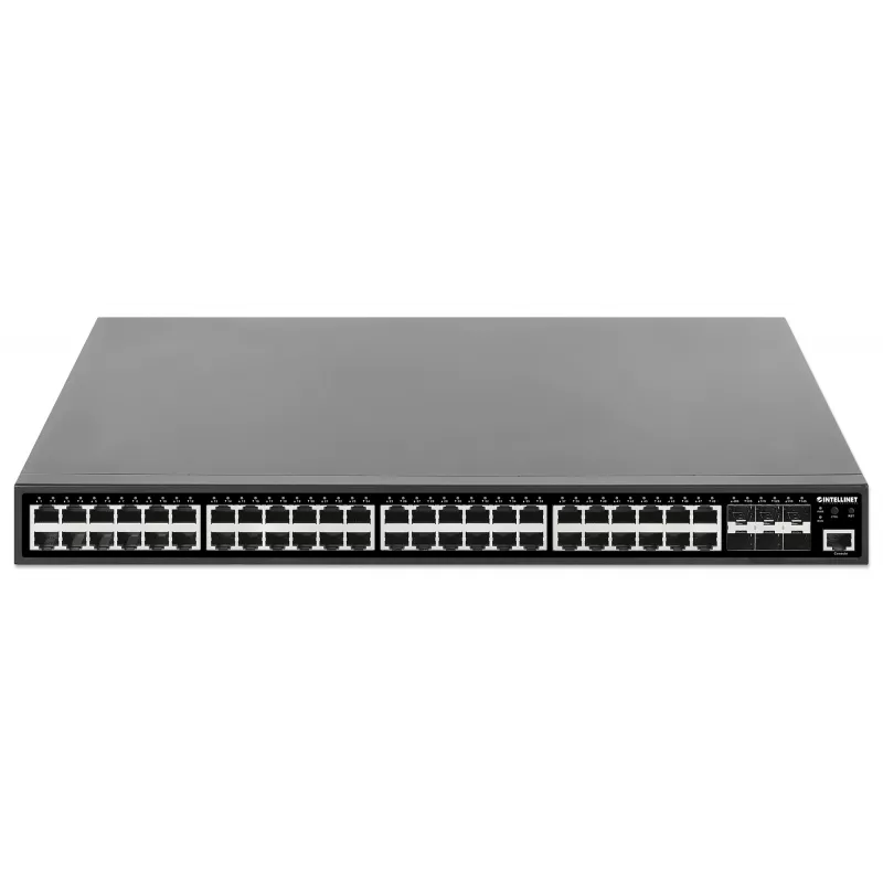 Switch gerido Intellinet 48 portas Gigabit Ethernet PoE+ Layer 2+ com seis uplinks 10G SFP+ compatível com IEEE 802.3at/af (PoE+/PoE), orçamento PoE de 450 W, Layer 2+/Layer 3 Lite, 6 x 10G SFP+ abertos