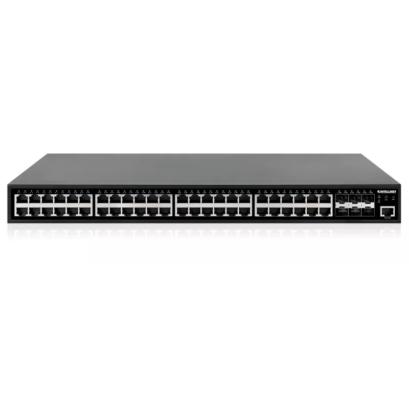Switch gerido Intellinet 48 portas Gigabit Ethernet PoE+ Layer 2+ com seis uplinks 10G SFP+ compatível com IEEE 802.3at/af (PoE+/PoE), orçamento PoE de 450 W, Layer 2+/Layer 3 Lite, 6 x 10G SFP+ abertos