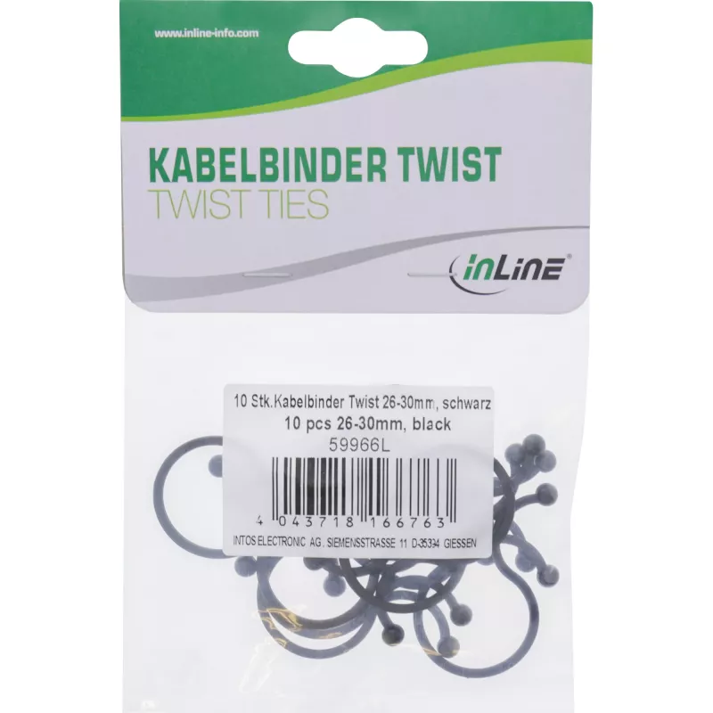 Abraçadeiras de arame InLine 26–30 mm preto, 10 unid. — organizador de cabos/cordões, 30 mm de comprimento