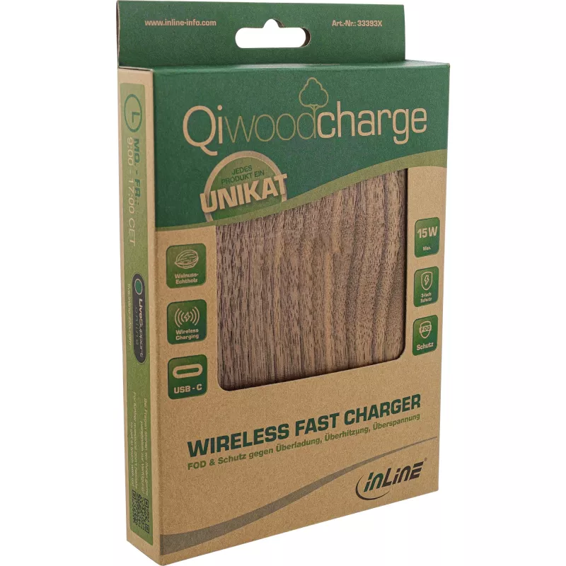 Carregador rápido sem fios InLine Qi woodcharge, 5/7,5/10W/15W, USB-C, sem logótipo