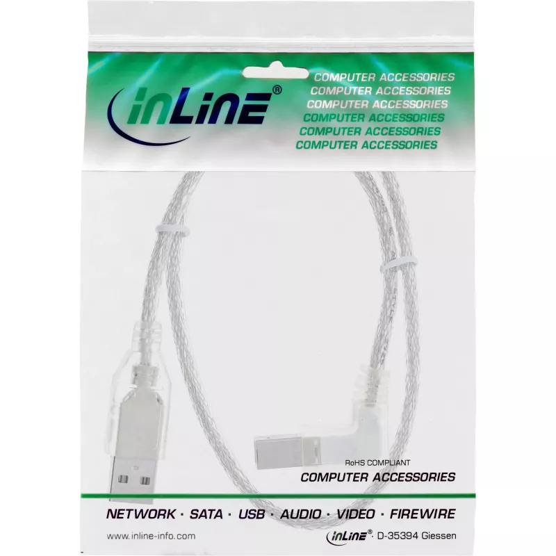 Cabo USB 2.0 InLine, em ângulo, conector macho Tipo A / conector macho B, transparente, 1 m