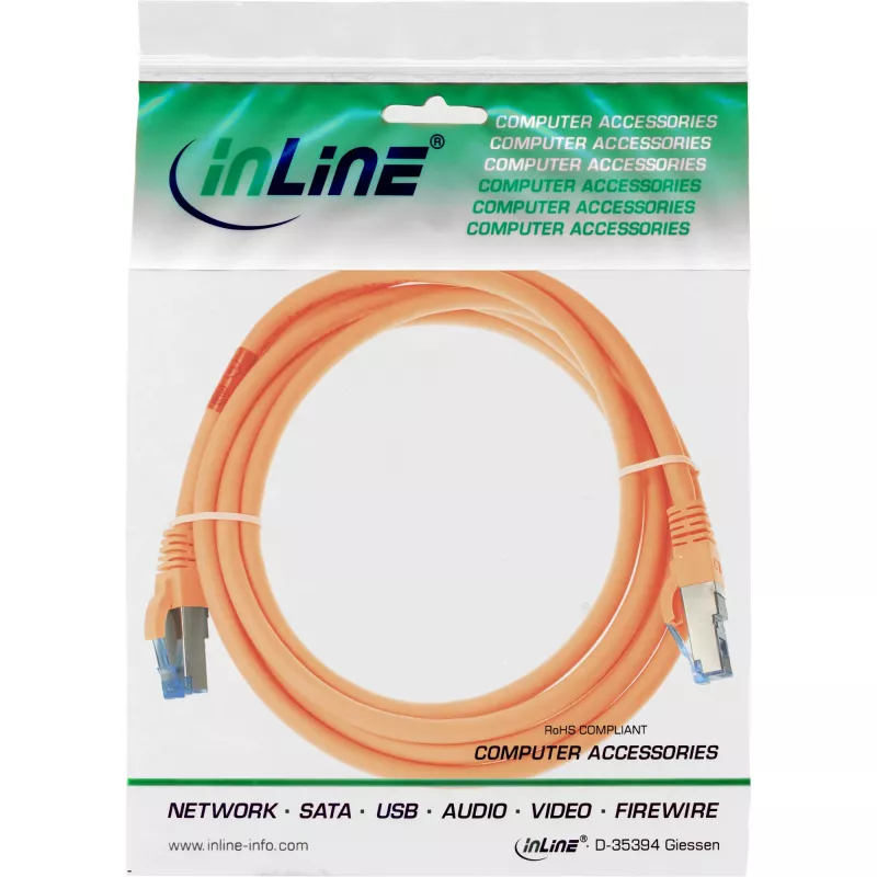 Cabo de rede InLine S/FTP PiMF Cat.6A sem halogéneos 500MHz laranja 2m