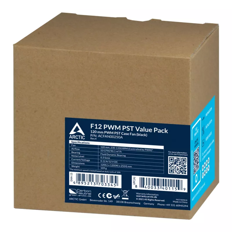 ARCTIC F12 PWM PST - ventoinha de caixa PWM 120 mm, ventoinha, 12 cm, 230 rpm, 1350 rpm, 0,3 Sone, 90,1 m³/h
