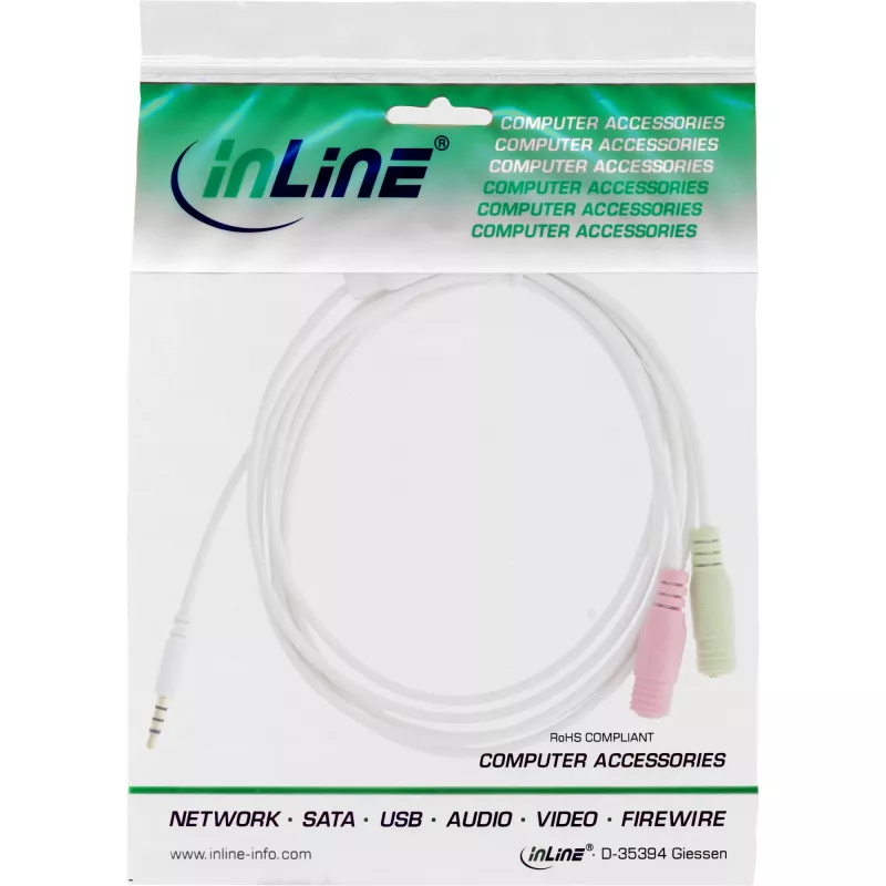 Cabo adaptador de áudio InLine para headset jack 3,5 mm macho 4 polos / 2x 3,5 mm, branco, 1 m