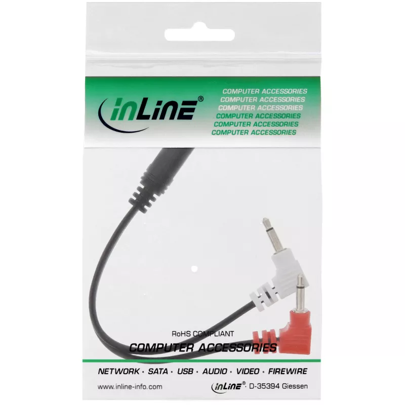 Cabo adaptador de áudio InLine para auscultadores, 2 fichas de 3,5 mm para conector fêmea de 3,5 mm de 3 polos, 0,15 m