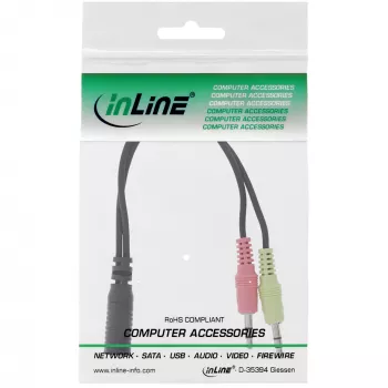 Cabo adaptador de áudio InLine para headset, 2 fichas de 3,5 mm para conector fêmea de 3,5 mm de 4 polos, OMTP, 0,15 m