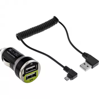 Conjunto de carregamento USB DUAL+ para automóvel InLine, fonte de alimentação com cabo espiral de 1 m